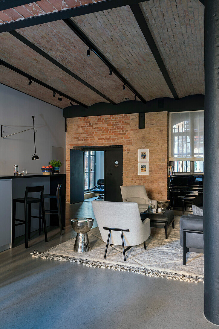 Loft living room with brick ceiling and black metal elements