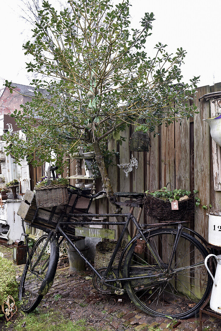 Altes Fahrrad mit Körben am Holzzaun im Garten