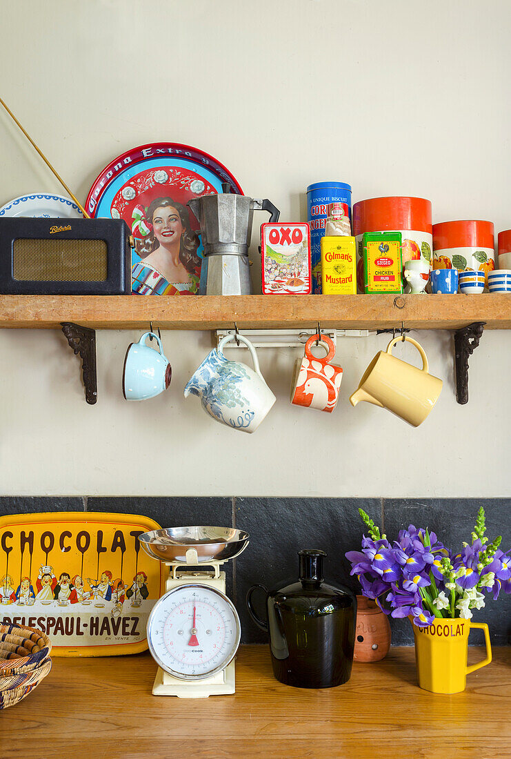 Wooden shelf with retro kitchen decor