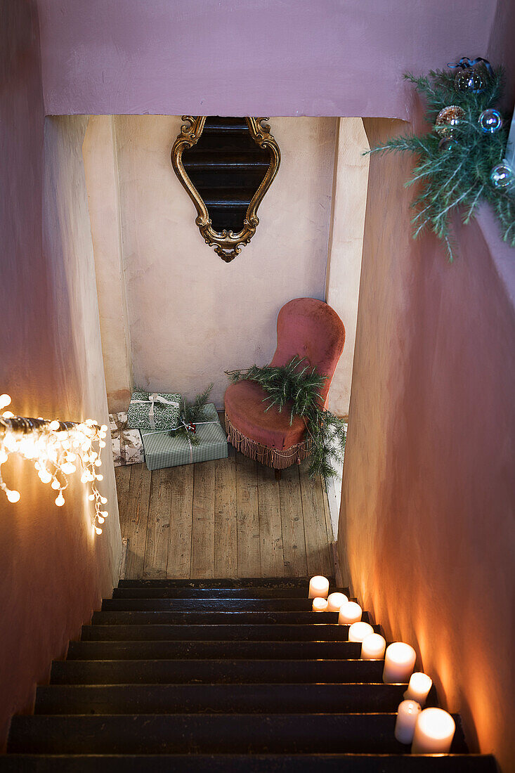 Staircase decorated for Christmas