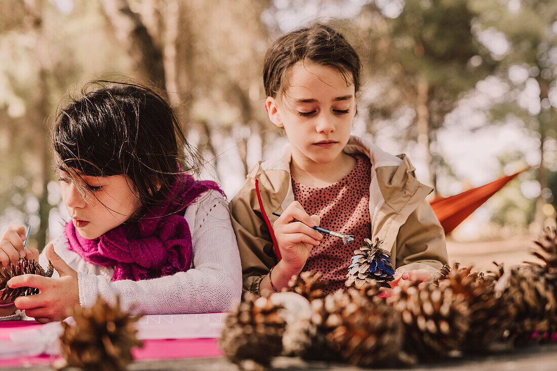 Girls decorating pine cones with watercolor painting at table in park