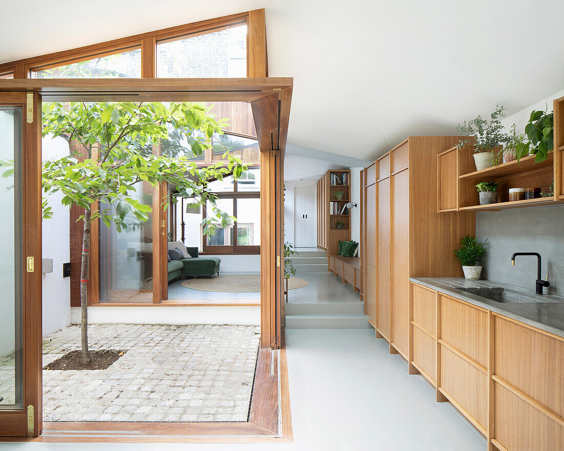 Fitted kitchen with wooden fronts and tree planted in atrium