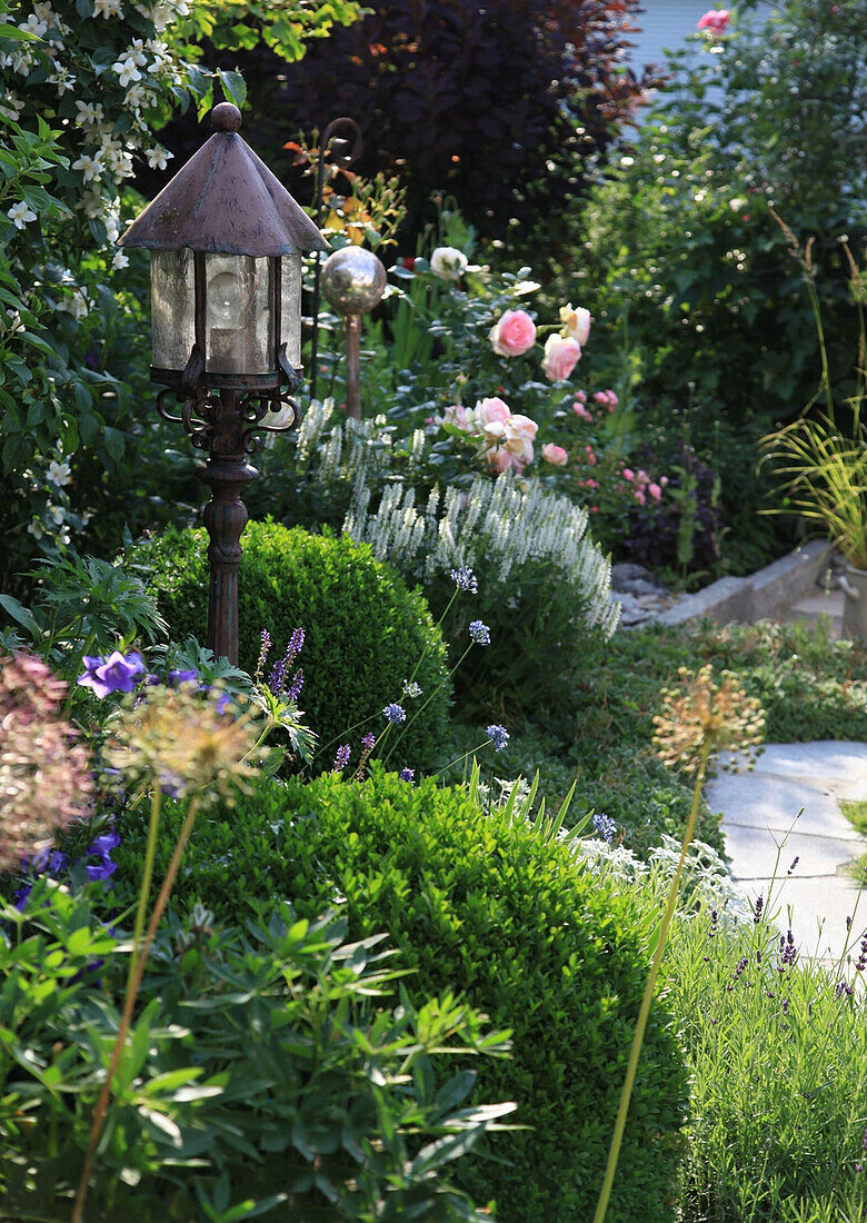 Flowers and lantern in summer garden