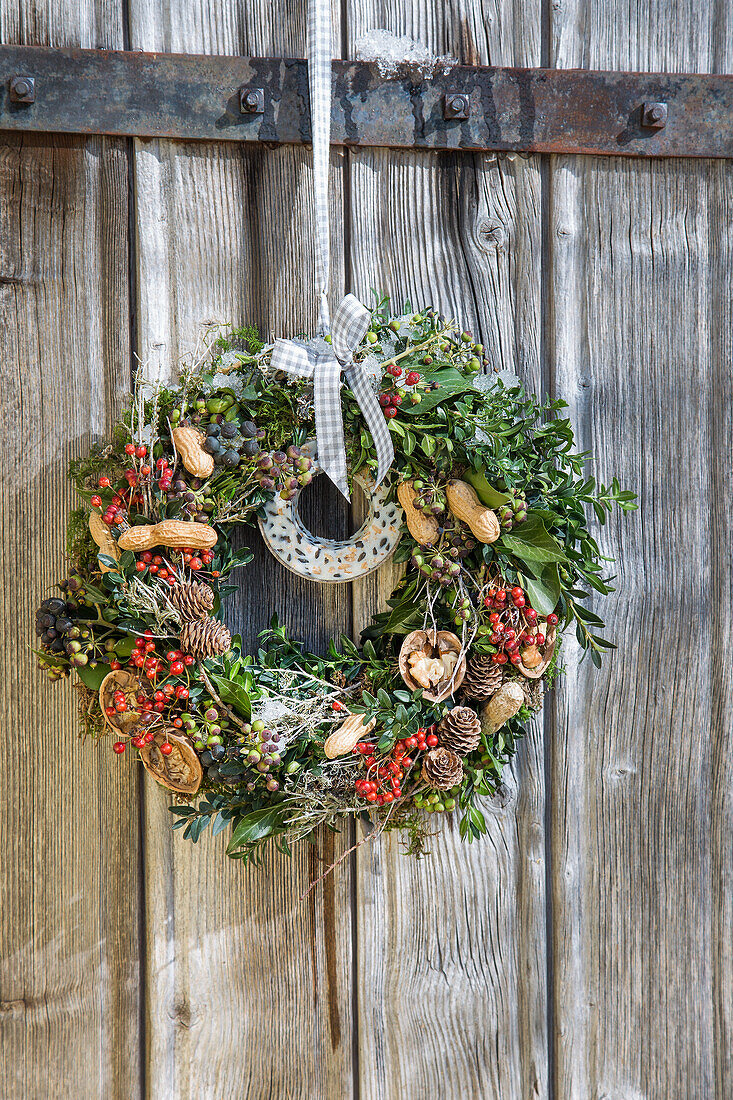 Christmas door wreath with cones, birdseed and berries on a wooden door