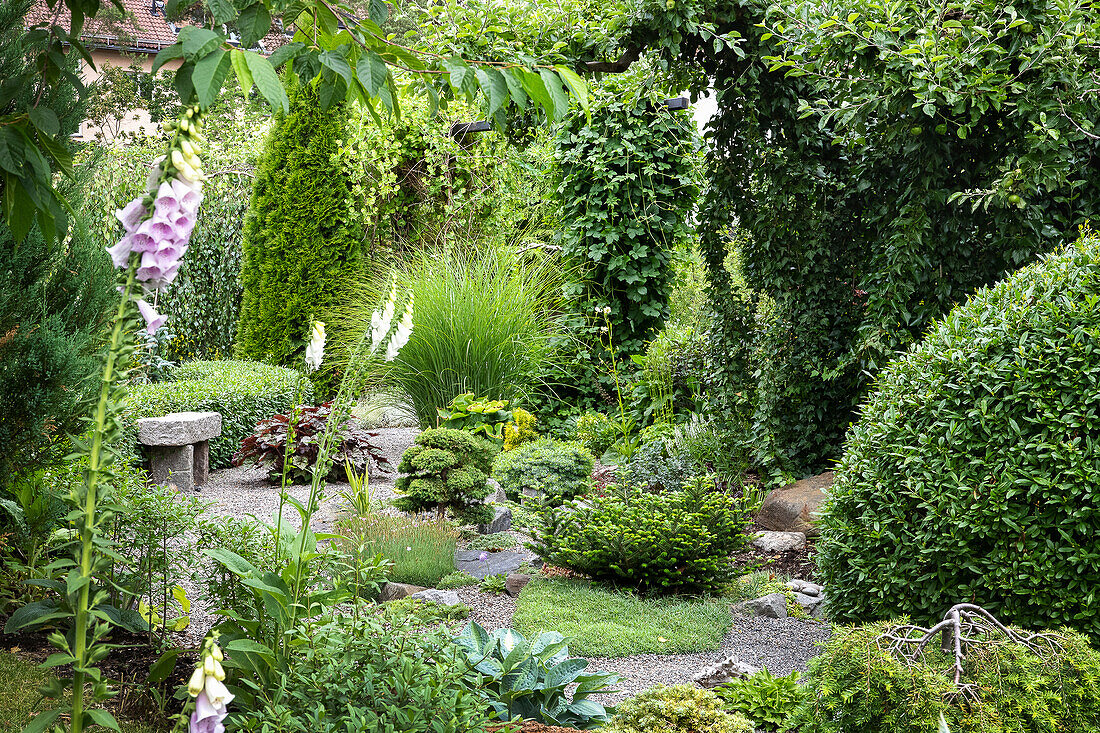 Well-kept ornamental garden with gravel path, a sitting stone and a variety of plants