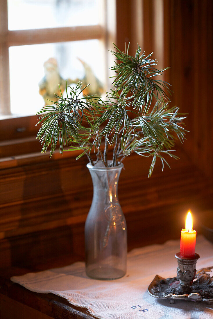 Pine needles in vase with lit candle at window of log cabin in Svartadalen, Sweden