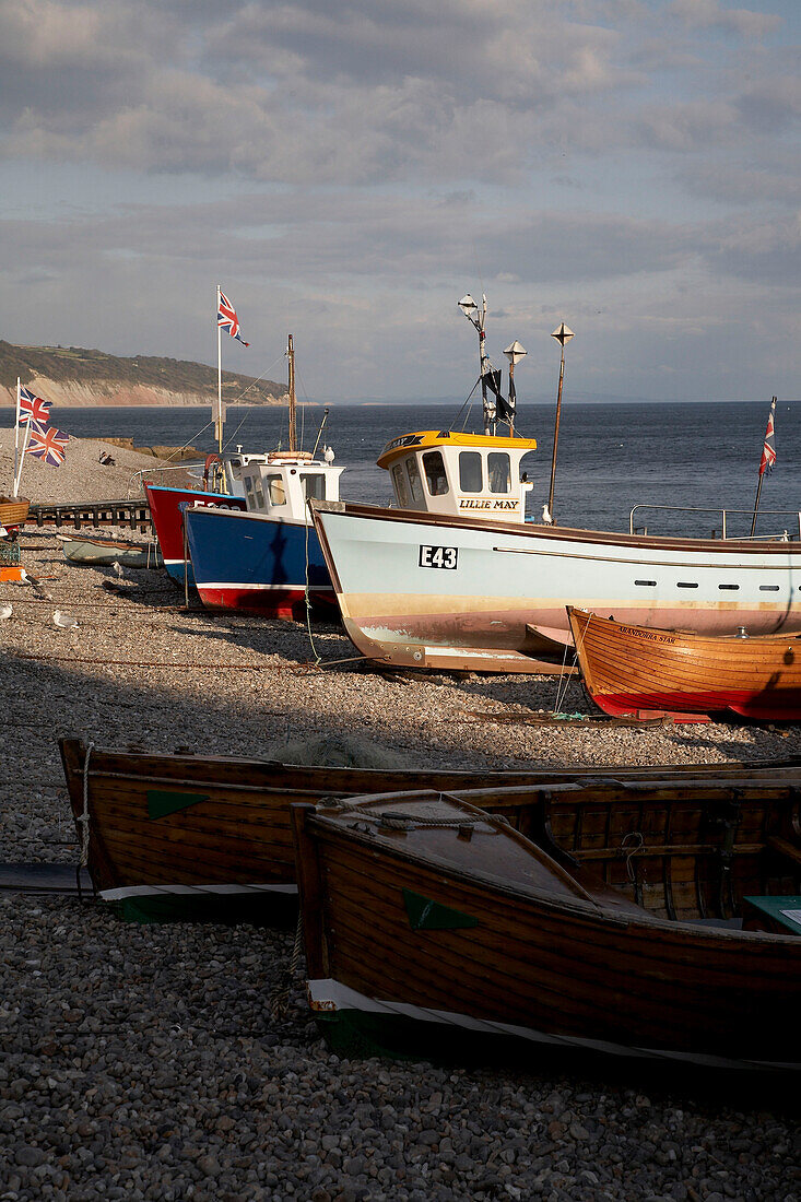 Vertäute Fischerboote am Strand von Devon