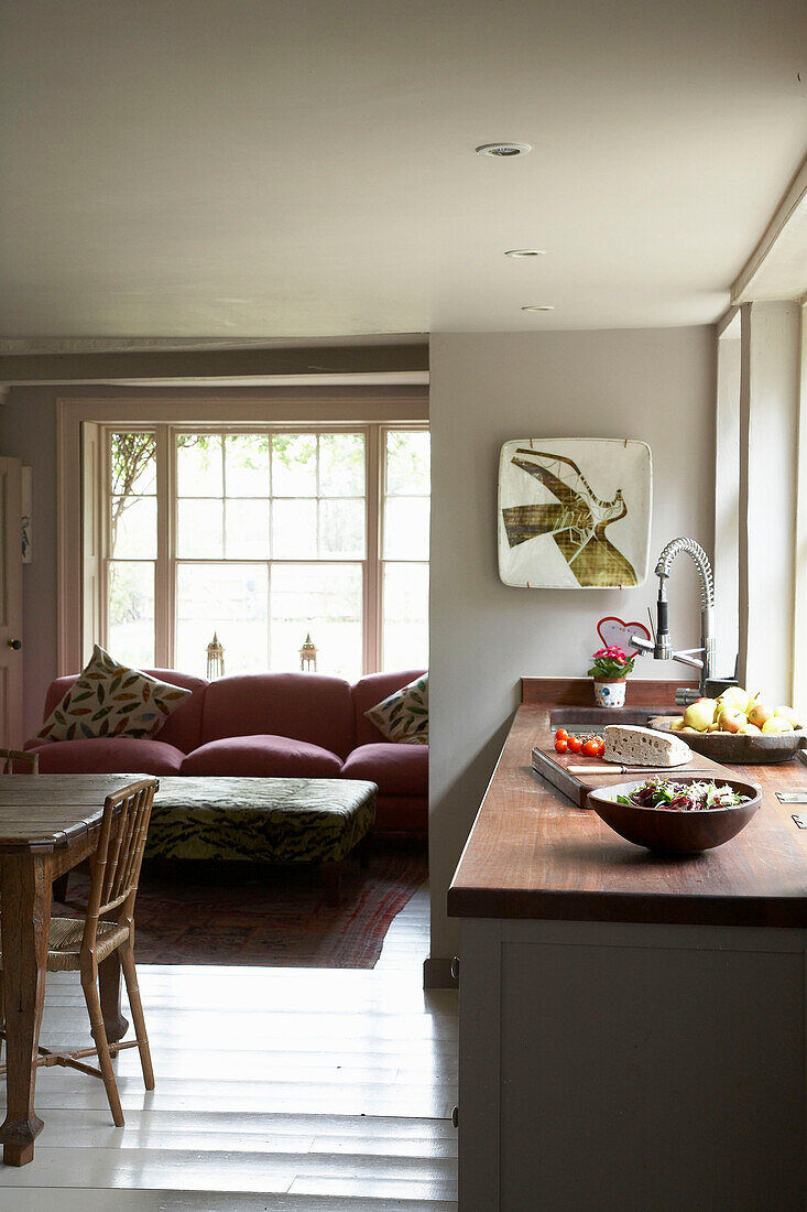 Sunlit living room with wooden kitchen worktop in Rye, Sussex