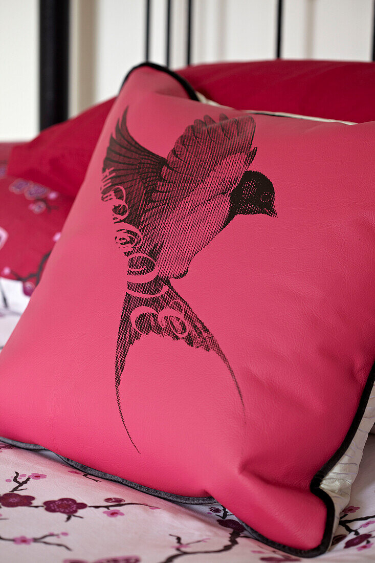 Black bird in flight on pink cushion in Brighton townhouse, Sussex, England, UK