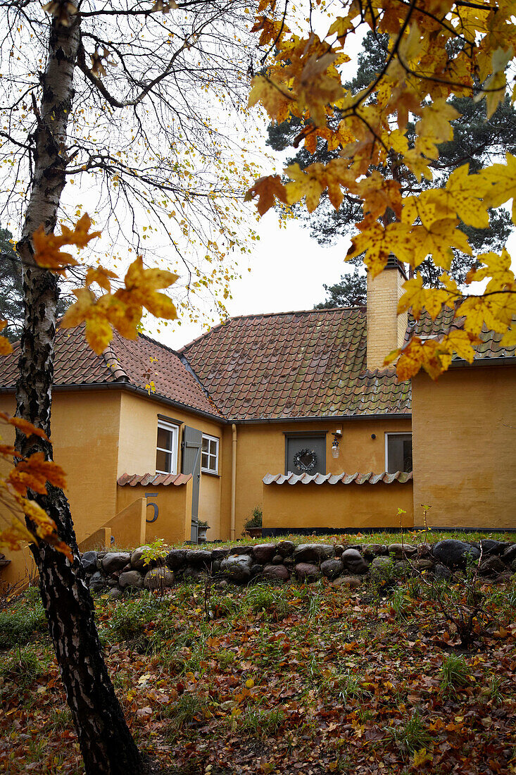 Gelbe Gebäudefassade in Kopenhagen im Herbst