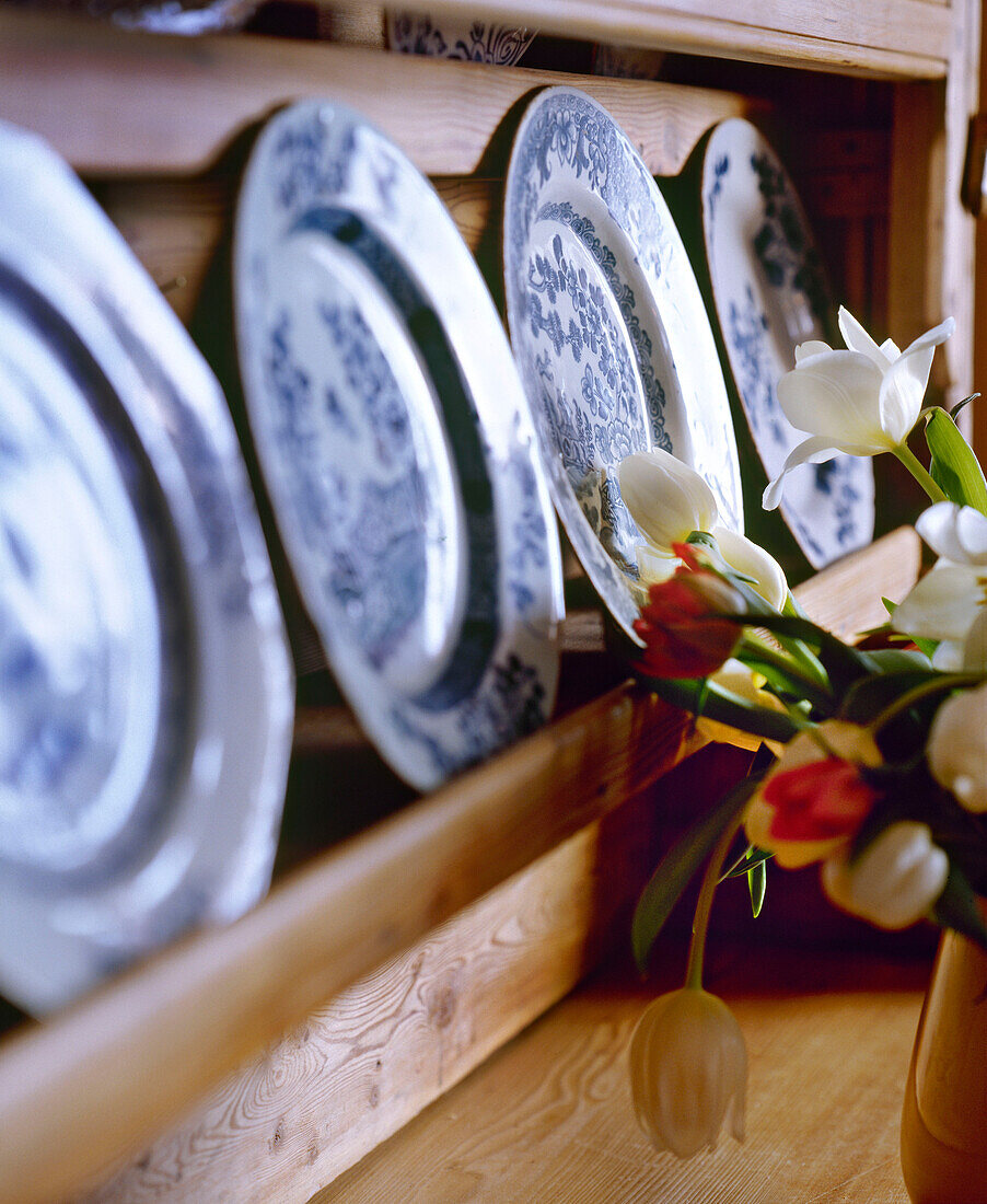 Detail of blue and white china plates in pine dresser