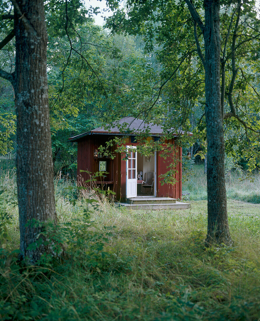 Außenansicht eines Landhauses aus Holz inmitten von Bäumen und Sträuchern