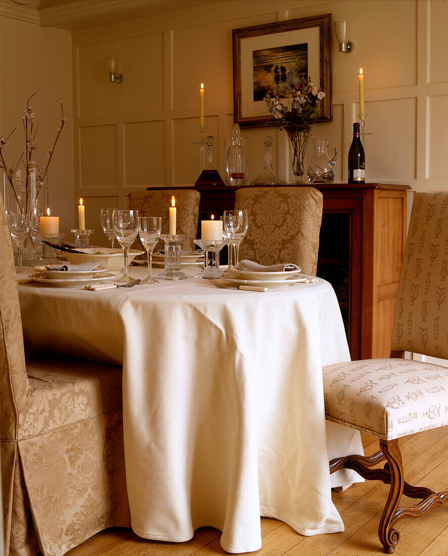 A set table in a traditional dining room