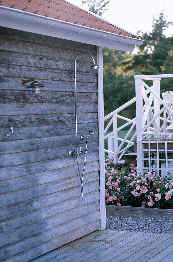 Outside shower on decked area