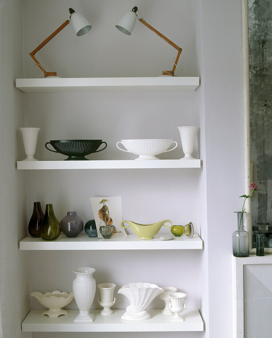 Glass and ceramic on shelves