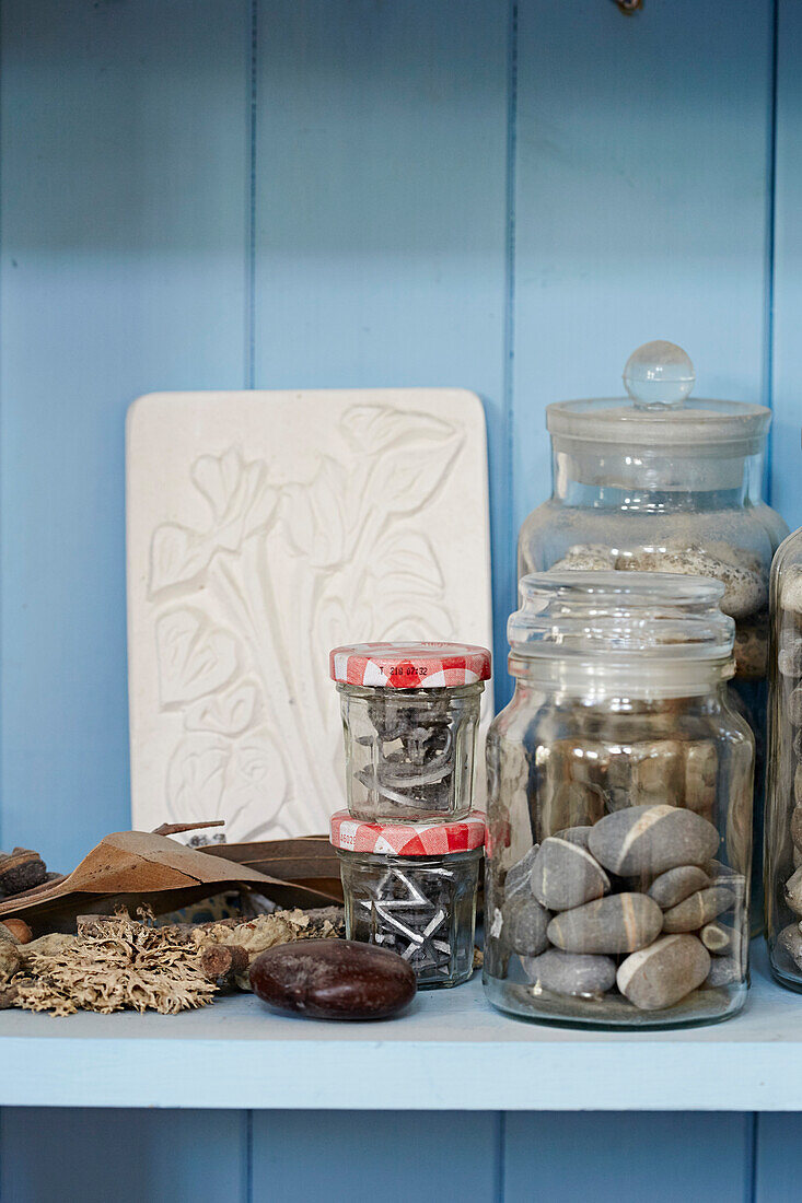 Stones in storage jars with sketch in studio of East Sussex Artist & Sculptor