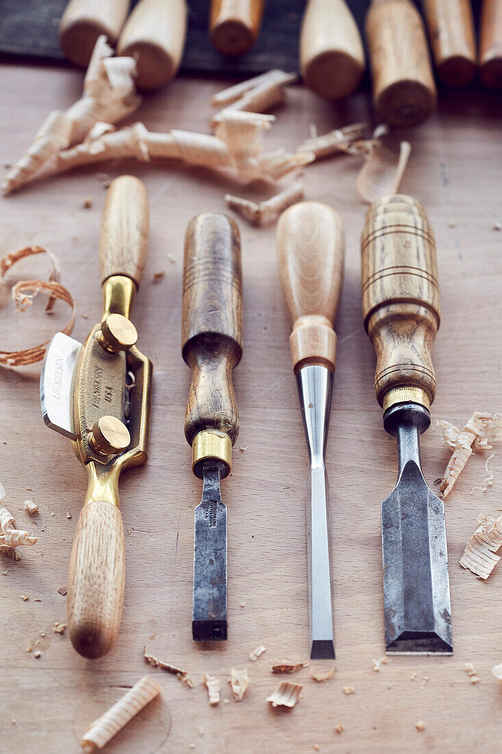 Holzbearbeitungswerkzeuge in einer Tischlerwerkstatt Bridport, Dorset, UK