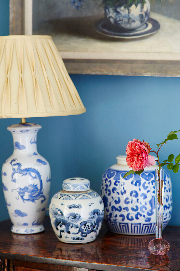 Blue and white chinaware in home of fabric designer