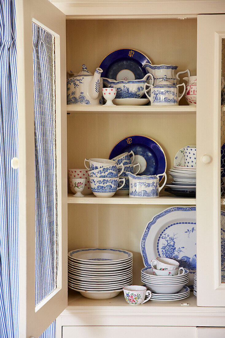 Collection of blue and white chinaware in Devon home, UK