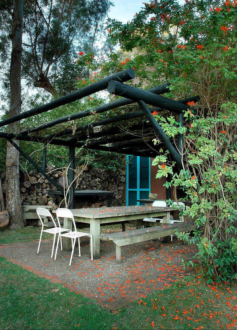 House exterior with covered patio and furniture