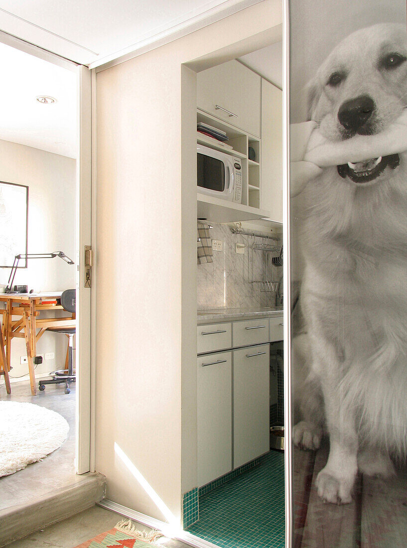 Küchenzeile mit einem übergroßen Bild des Familienhundes
