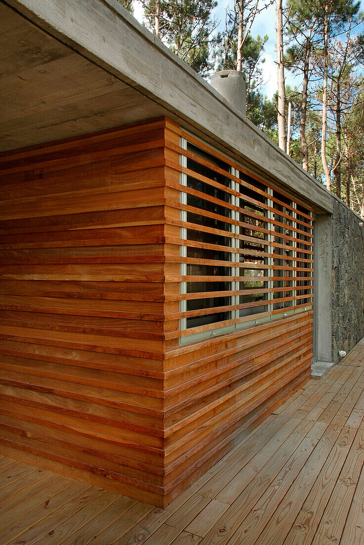 Die Holzverkleidung aus Lapacho, die für die Außenseite der Küche und den Eingang des Hauses gewählt wurde, verleiht dem Haus eine einzigartige Wärme