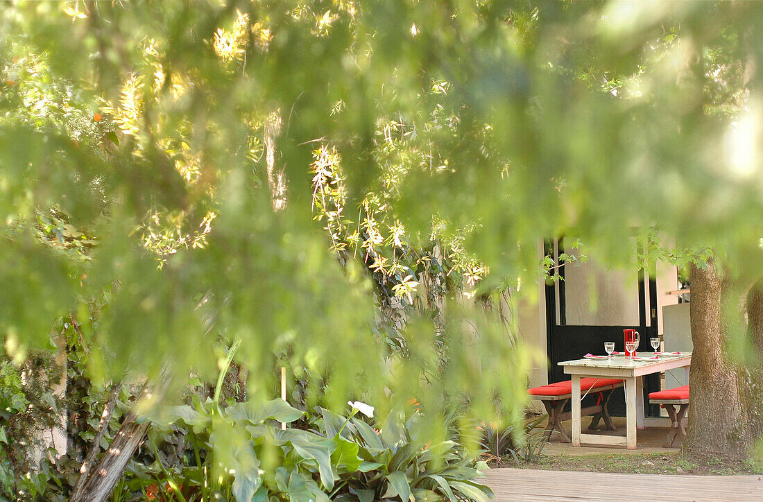 Bench seats at table view through garden