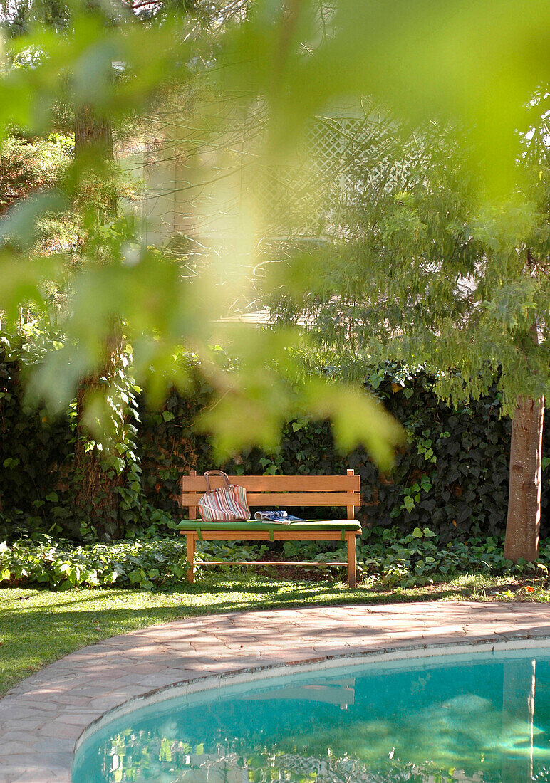 Bench seat by poolside viewed through leaves of tree