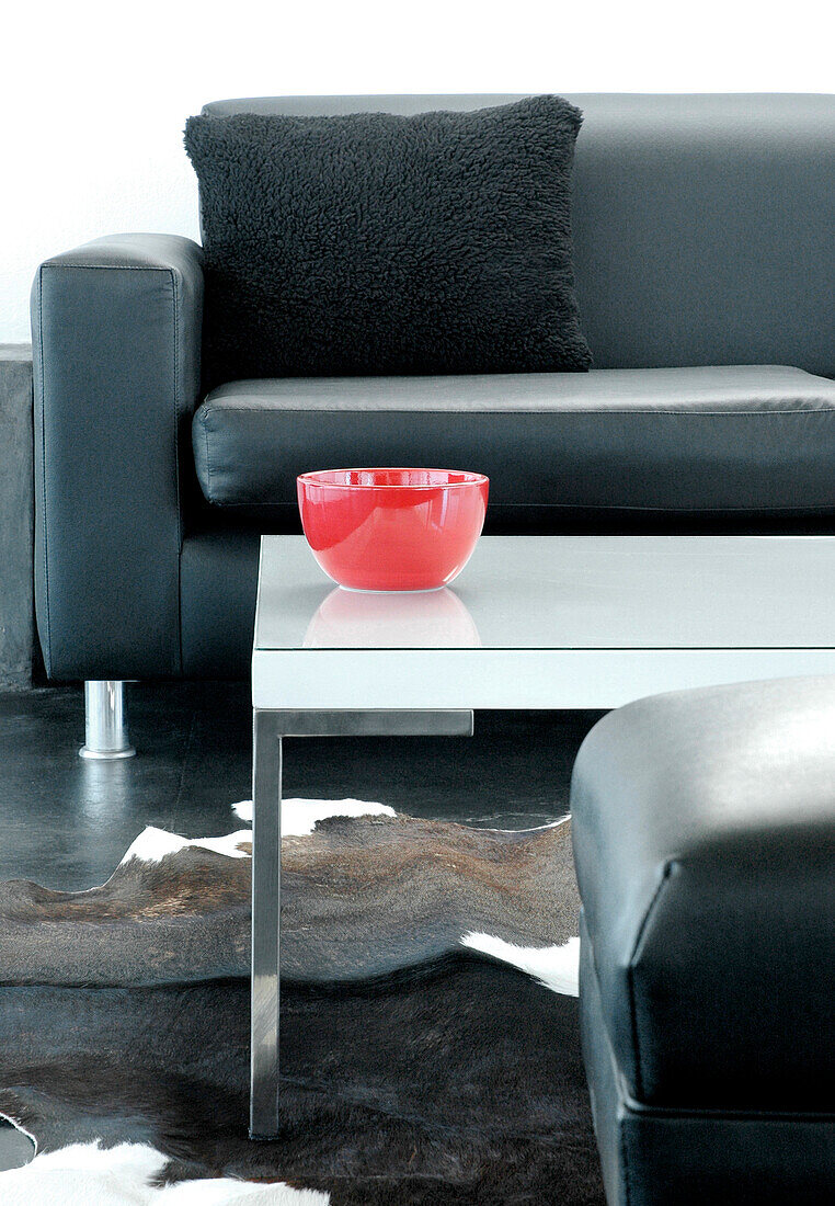 Red bowl on table in seating area with animal skin rug