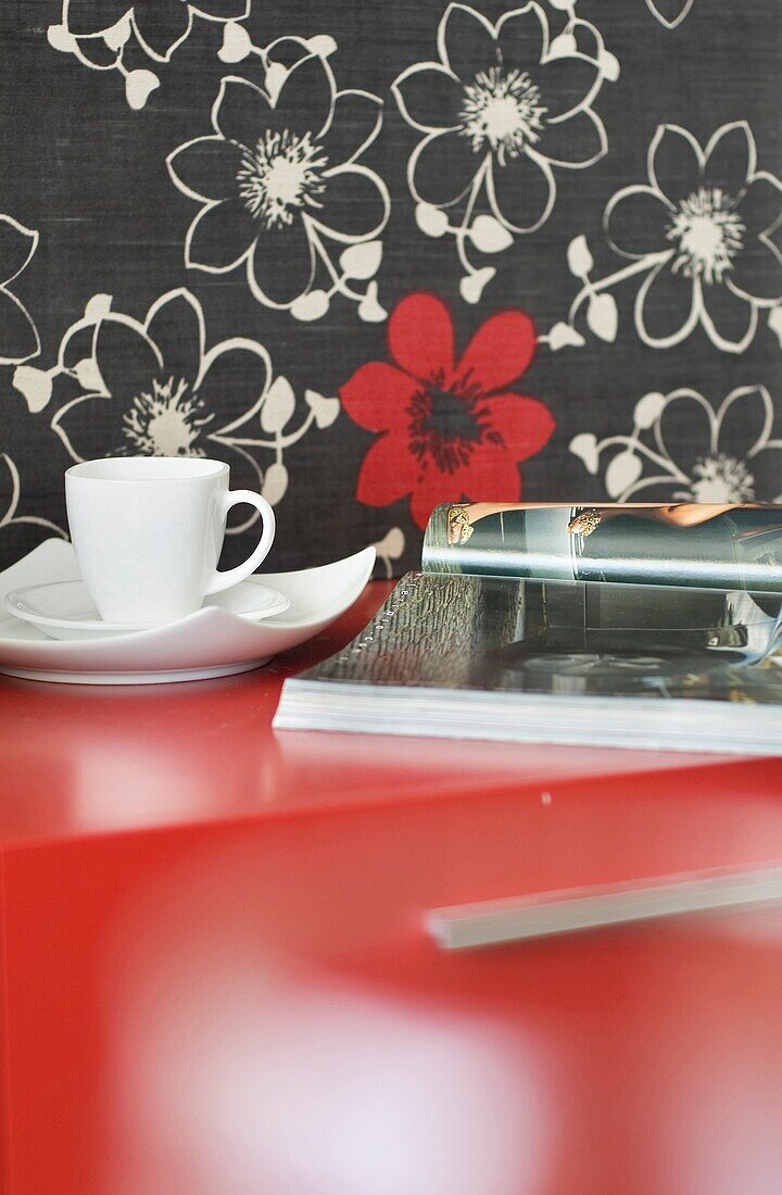 Coffee cup and magazine on coffee table, Palermo, Buenos Aires, Argentina