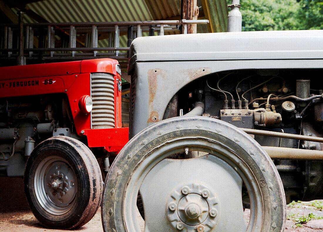 Rote Traktormaschine in einer Scheune auf dem Bauernhof