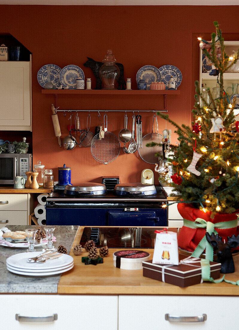 Weihnachtsbaum auf Küchenarbeitsplatte und Herdplatte