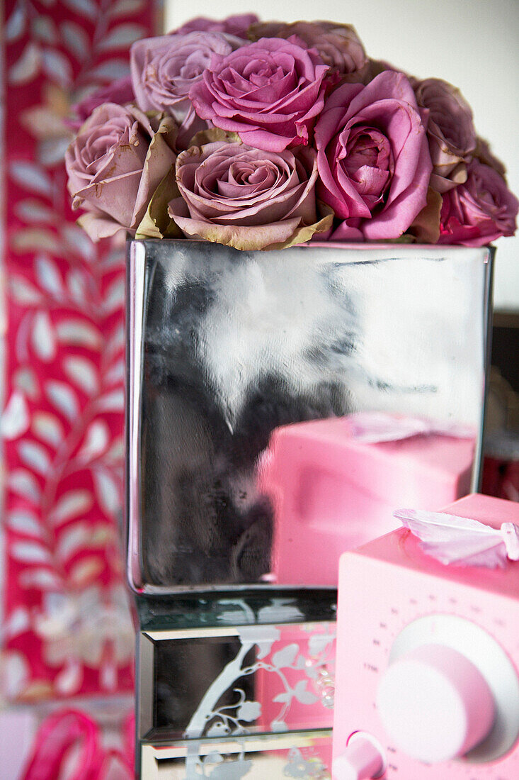 Pink roses in silver metallic box