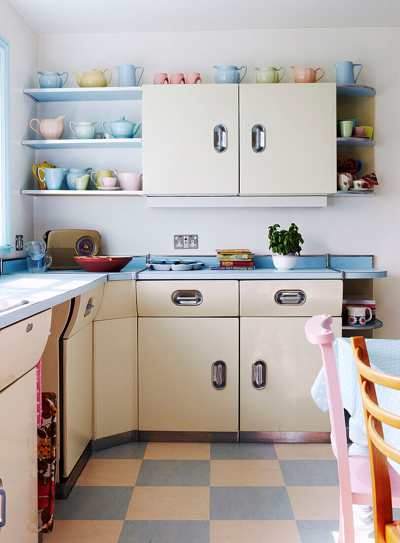1950s kitchen in pastel blues and pinks