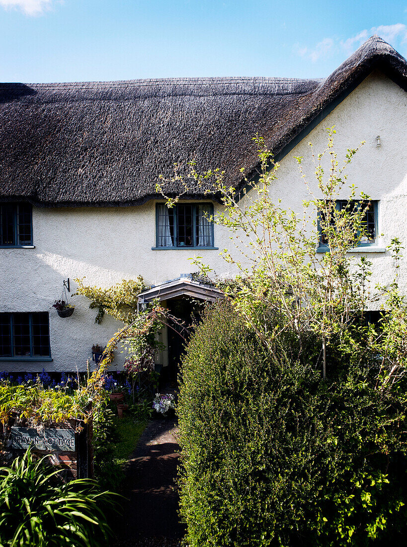 Front path to thatched Devon cottage