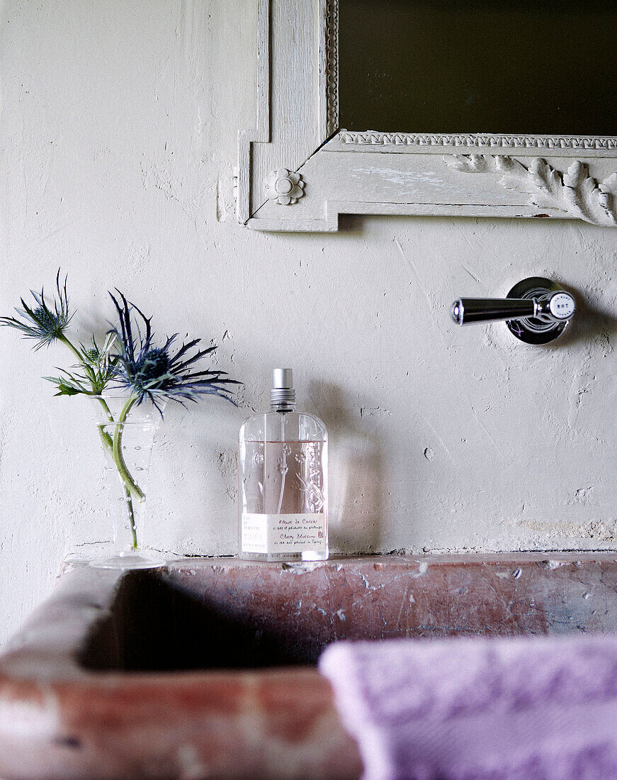 Toilettenartikelflasche und Schnittblumen auf Marmorwaschbecken in Landhaus