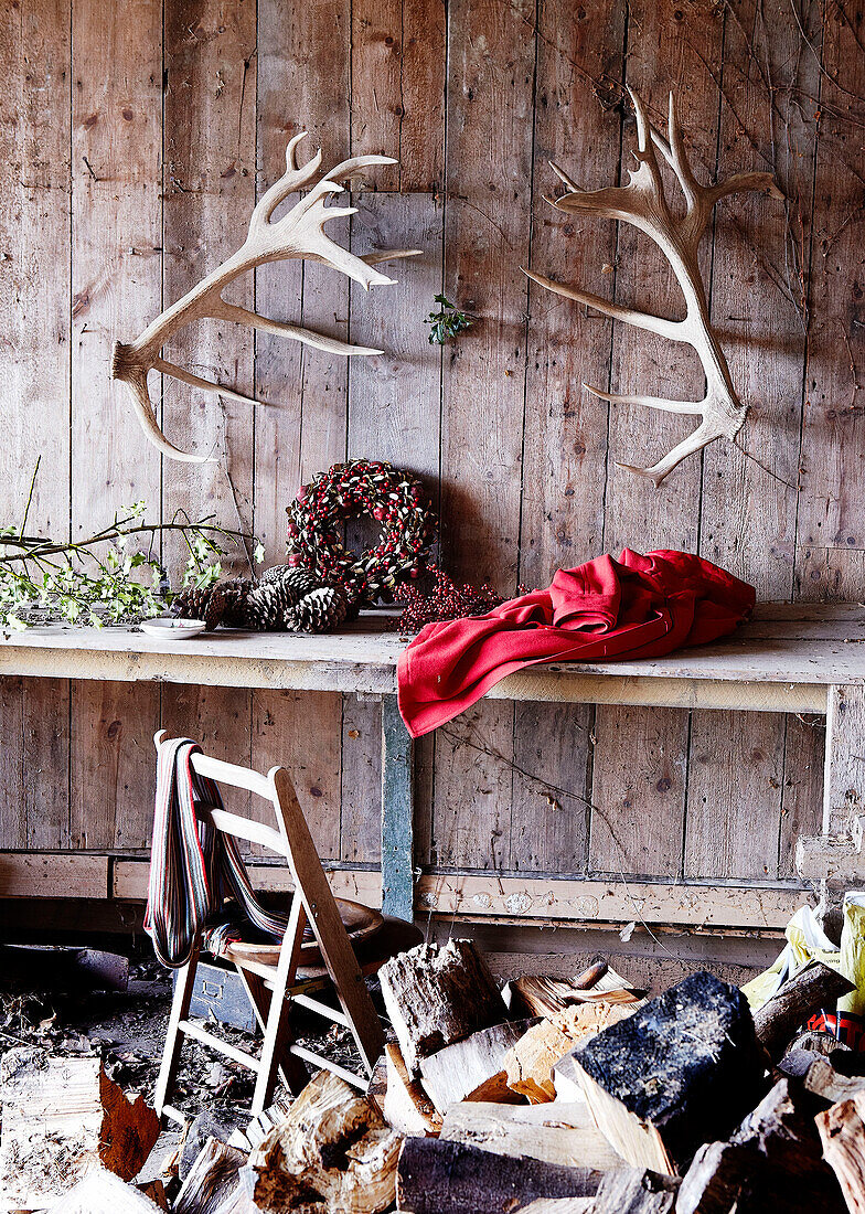 Antlers above work bench of outhouse