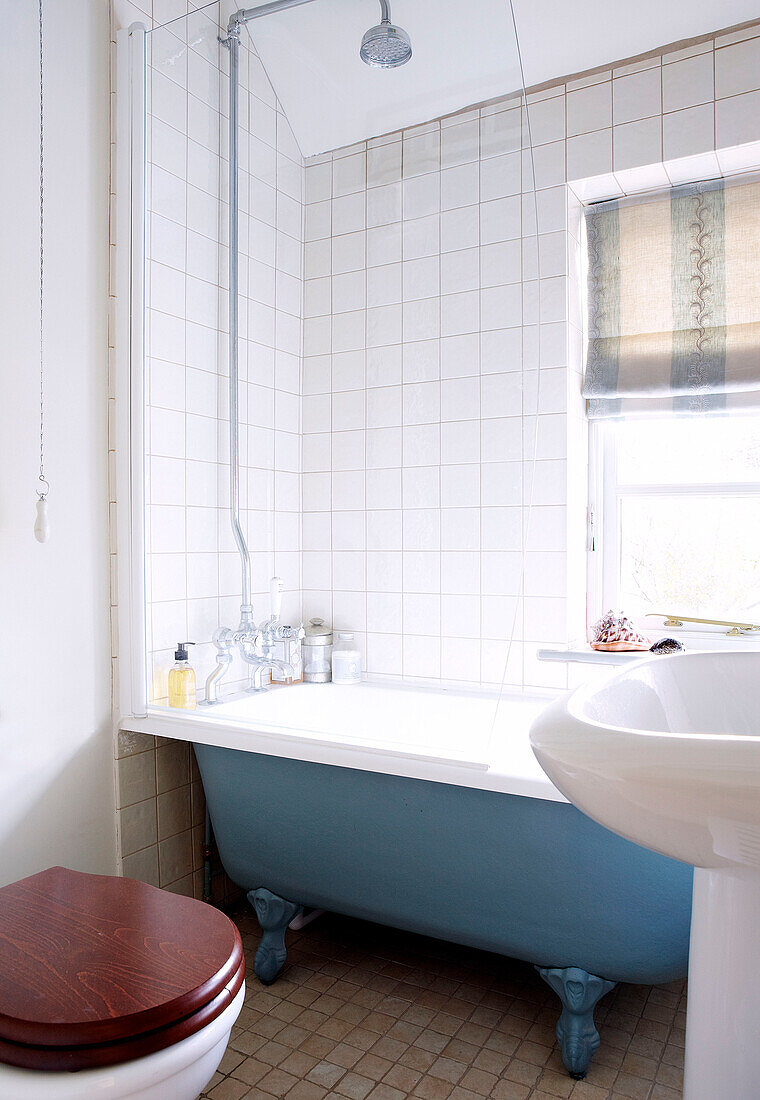 Duscharmatur über einer blauen Badewanne mit Klauenfüßen in einem sonnendurchfluteten Badezimmer