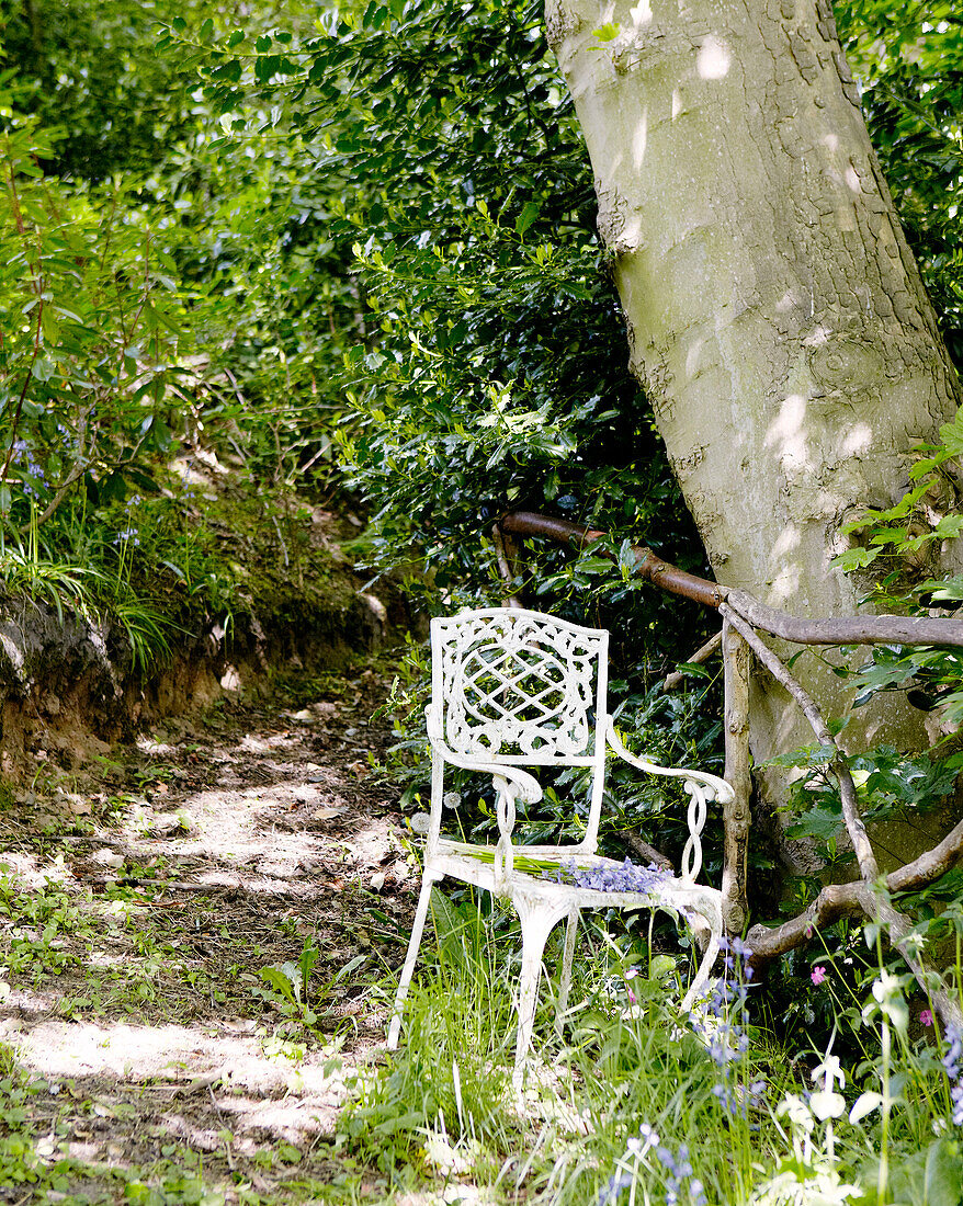 Wrought iron chair on woodland path