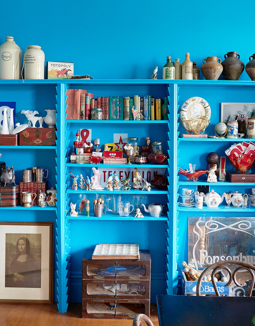 Gesammelte Haushaltswaren und Ornamente auf hellblauen Regalen in einem Haus in Auckland auf der Nordinsel Neuseelands