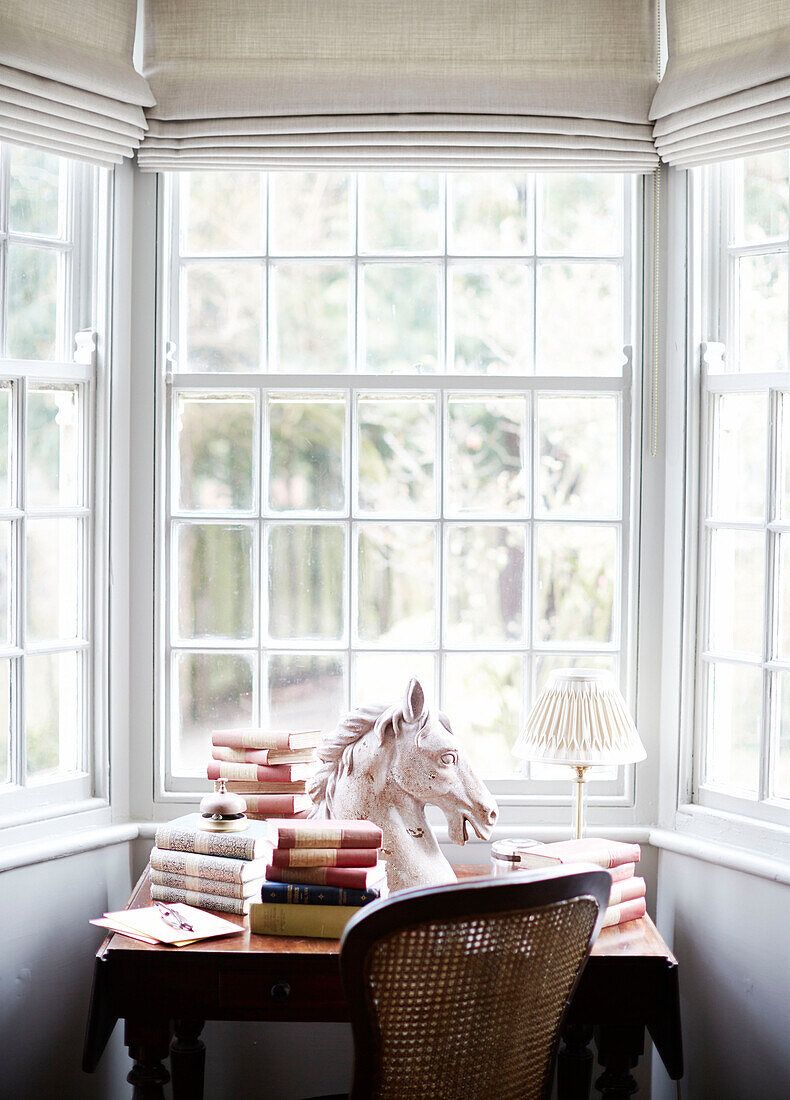 Pferdekopf und alte Bücher auf einem Schreibtisch in einem Erkerfenster eines Hauses in der Grafschaft Durham (England)
