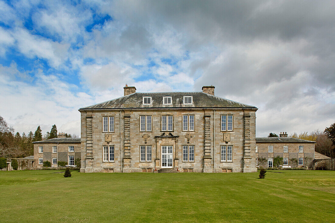 Lawned exterior and facade of Capheaton Hall, Northumberland, UK