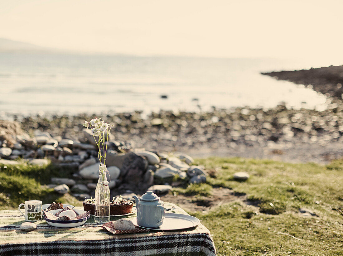 Afternoon tea on remote pebble beach in County Sligo Connacht Ireland