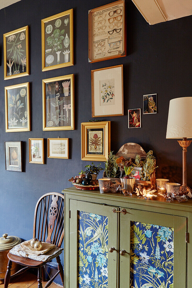 Gilt framed botanical prints with upcycled sideboard in Chippenham home, Wiltshire, UK