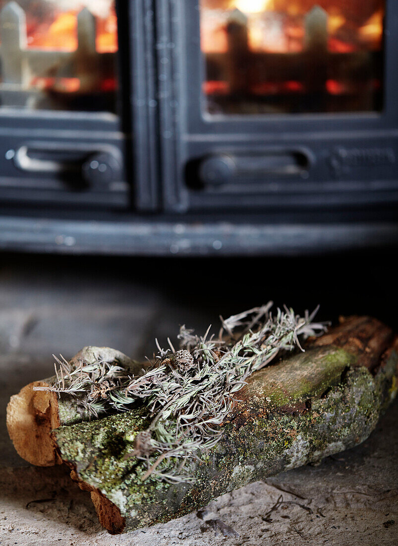 Fire log in front of wood burning stove in Warwickshire farmhouse, England, UK