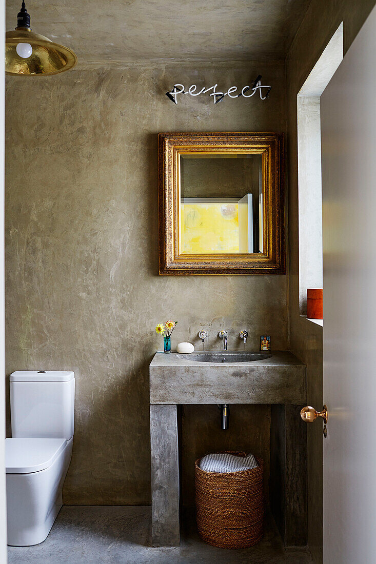Vergoldeter Spiegel über einem Waschbecken mit Neonschriftzug 'perfect' in einem Haus in Sligo, Irland