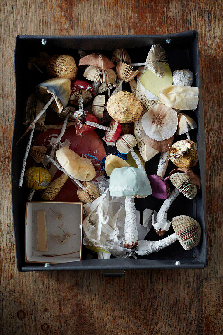 Collection of handmade paper toadstools in Gladestry studio on South Wales borders