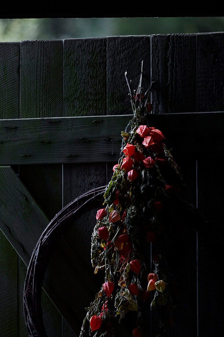 Rote Blumen hängen an einer Holztür an der Grenze zwischen Radnorshire und Herfordshire, UK