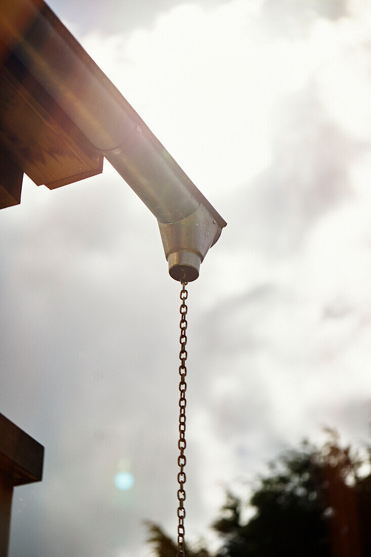 Rain chain for water catchment on newbuild in the Cotswolds, UK
