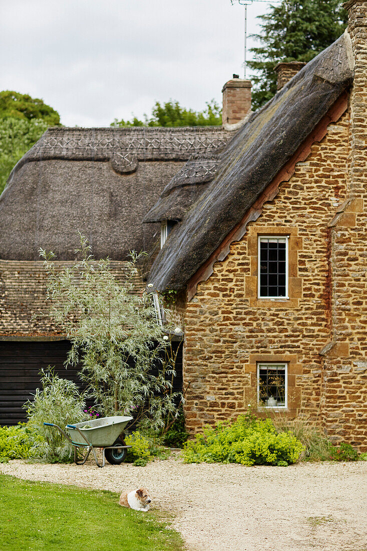 Außenfassade und Schornstein eines reetgedeckten Bauernhauses in Oxfordshire, UK